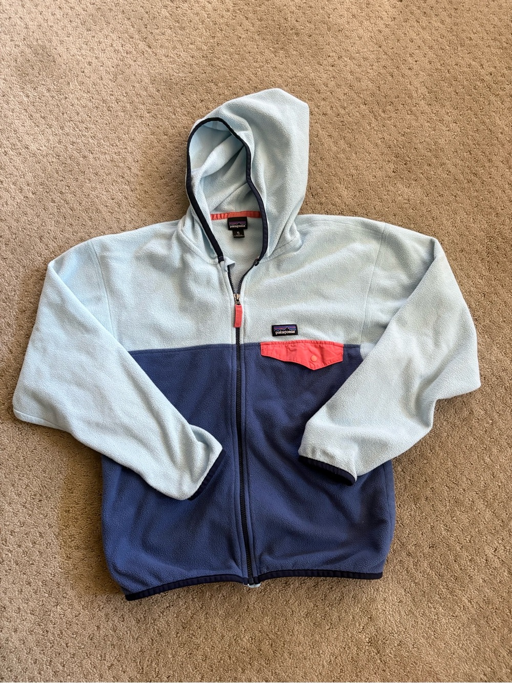 Patagonia Kids Light Blue & Navy Fleece Jacket with Coral Pocket